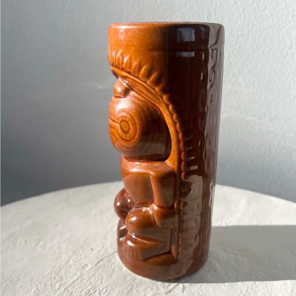 VINTAGE BROWN TROPICAL TIKI VIBES MUG GLASS CERAMIC BARWARE TUMBLER‎
